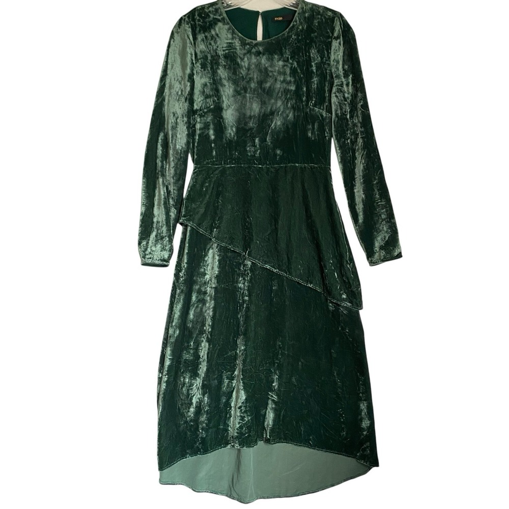Maje Midi Velvet Dress Size Small Moss Green Long Sleeve Retro Feminine Party